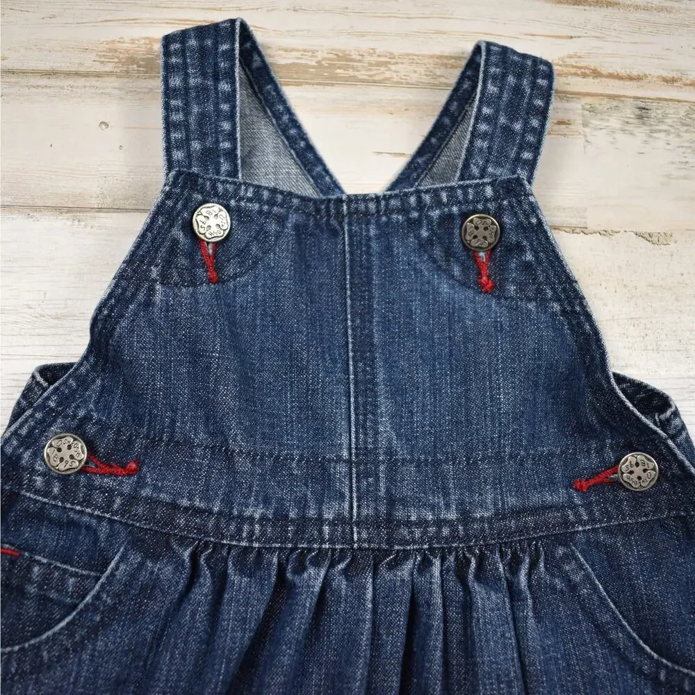 OshKosh 12 MO Baby Girl Blue Denim Jean Overall Dress Embroidered Flowers Hearts
